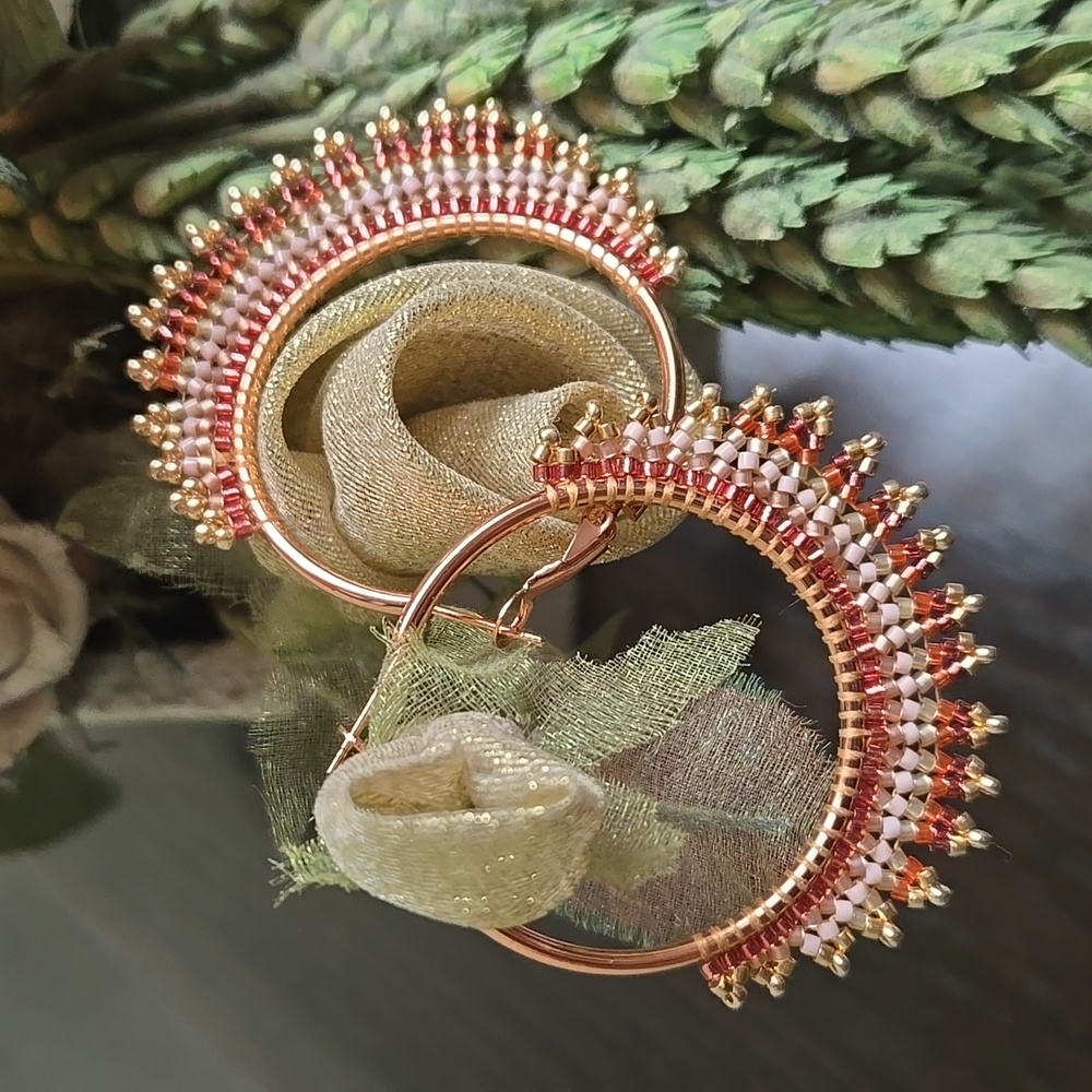 Beautifully handcrafted Myuki beaded rose gold tone hoop earrings hypoallergenic